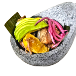 A stone bowl filled with meat and vegetables.
